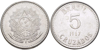 Бразилия 5 крузадо 1987 реформа (1986-1989) KM 606 нержавеющая сталь 31-916