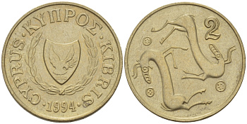 КИПР 2 ЦЕНТА 1994 KM 54.3 никель латунь 4364-3651