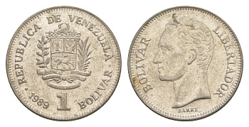 Венесуэла 1 боливар 1989 Симон Боливар, тонкий шрифт Y 52a.1 сталь плакированная никелем 4591-232