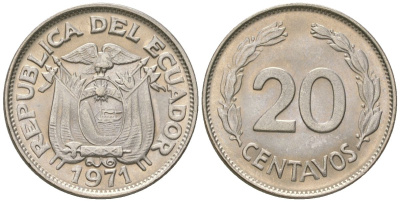 Эквадор 20 сентаво 1971 KM 77.1c сталь плакированная никелем aUNC 4611-714