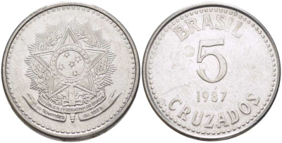 Бразилия 5 крузадо 1987 реформа (1986-1989) KM 606 нержавеющая сталь 31-916