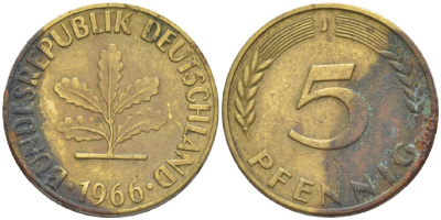 ФРГ 5 ПФЕННИГОВ 1966 J KM 107, J. 382 сталь плакированная латунью 4181-916