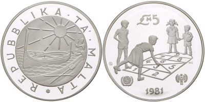 Мальта 5 фунтов 1981 Международный год защиты детей, дети играют в классики KM 53 серебро PROOF 00-00