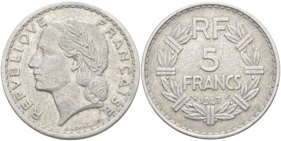 ФРАНЦИЯ 5 ФРАНКОВ 1947 OPEN 9 KM 888b.1 алюминий 4403-222