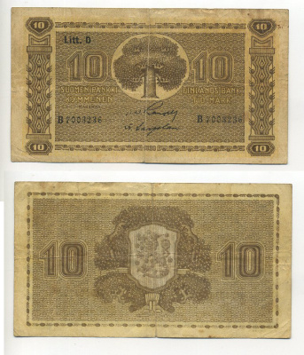 ФИНЛЯНДЯ 10 МАРОК 1939-45 Pick 70a бумага 00-00