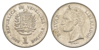 Венесуэла 1 боливар 1989 Симон Боливар, тонкий шрифт Y 52a.1 сталь плакированная никелем 4591-232
