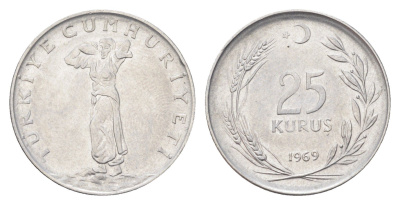 Турция 25 курушей 1969 KM 892.3 нержавеющая сталь 4706-1127