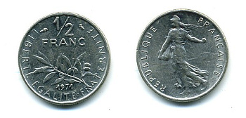 ФРАНЦИЯ 1/2 ФРАНКА 1971 КМ 931.1 никель 3999-815