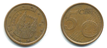 ИСПАНИЯ 5 ЕВРОЦЕНТОВ 1999 KM 1042 сталь плакированная медью 29-1144