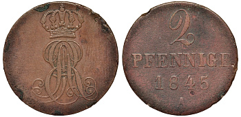 Ганновер 2 пфеннига 1845 A, Эрнст Август (1837-1851) KM 174.1, AKS 122, J. 55 медь 75-1816