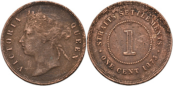 Стрейтс-Сетлментс 1 цент 1873 Виктория (1837-1901), Ост-Индская компания KM 9 медь 4590-322
