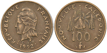 Французская Новая Каледония 100 франков 1992 хижина среди сосен и пальм, (IEOM) KM 15, Schoen 16, Lec 130-172 никель латунь 4140-625