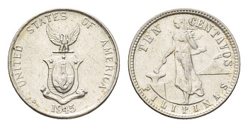 Филиппины 10 сентаво 1945 Администрация США KM 181 серебро 4679-625