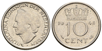 Нидерланды 10 центов 1948 Вильгельмина (1895-1948) KM 177 никель 220-539