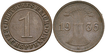 Германия 1 рейхспфенниг 1936 A KM 37, J. 313 бронза 4528-1265