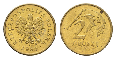 Польша 2 гроша 1991 Y 277 марганец латунь UNC 4674-944