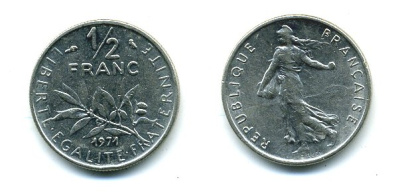 ФРАНЦИЯ 1/2 ФРАНКА 1971 КМ 931.1 никель 3999-815