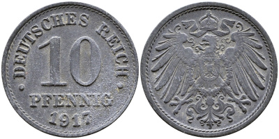 ГЕРМАНИЯ 10 ПФЕННИГОВ 1917 KM 26, J. 299 цинк 89-1447