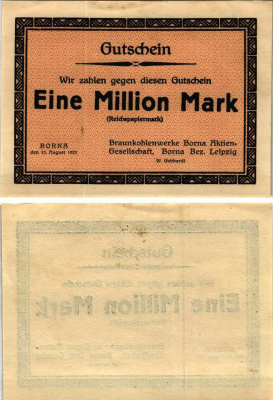 БОРНА 1000000 МАРОК 1923 НОТГЕЛЬД, 15 АВГУСТА 1923, НА 20 КМ. ЮЖНЕЕ ЛЕЙПЦИГА Keller 538а бумага 6300-37-1-1