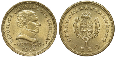 Уругвай 1 песо 1965 KM 46 алюминиевая бронза 28-816