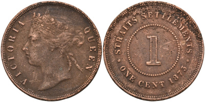 Стрейтс-Сетлментс 1 цент 1873 Виктория (1837-1901), Ост-Индская компания KM 9 медь 4590-322