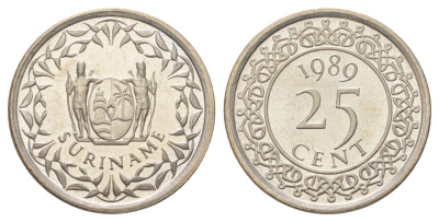 Суринам 25 центов 1989 KM 14a медно-никель UNC 4625-346