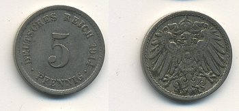 ГЕРМАНИЯ 5 ПФЕННИГОВ 1914 A, KM 11, J. 12 медно-никель 54-651