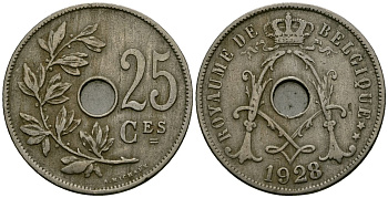 Бельгия 25 сантимов 1928 Belgique KM 68 медно-никель 4165-544