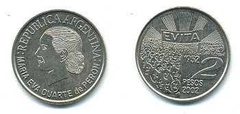 Аргентина 2 песо 2002 Мария Эва Дуарте де Перон KM 135 медно-никель UNC 37-731