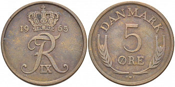 ДАНИЯ 5 ЭРЕ 1965 C; S, ФРЕДЕРИК IX (1947-1972) KM 848.1 бронза 4402-1224
