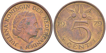 Нидерланды 5 центов 1979 Юлиана (1948-1980) KM 181 бронза 213-1154