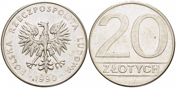 Польша 20 злотых 1990 MW KM 153.2, Parchimowicz 255b медно-никель 77-453