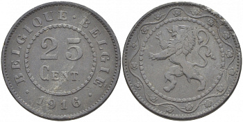 БЕЛЬГИЯ 25 САНТИМОВ 1916 BELGIQUE-BELGIE, ГЕРМАНСКАЯ ОККУПАЦИЯ, ПЕРВАЯ МИРОВАЯ ВОЙНА KM 82 цинк 3718-546