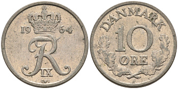 Дания 10 эре 1964 C; S, Фредерик IX (1947-1972) KM 849.1 медно-никель 4564-1222