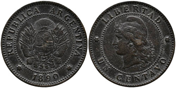 Аргентина 1 сентаво 1890 голова свободы влево KM 7 бронза 4525-1034