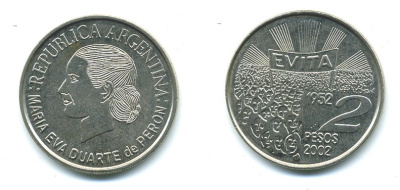 Аргентина 2 песо 2002 Мария Эва Дуарте де Перон KM 135 медно-никель UNC 37-731