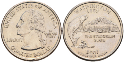 США 25 центов (квотер) 2007 D, серия штаты США, штат Вашингтон KM 397 медь плакированная медно-никелем UNC 4589-626