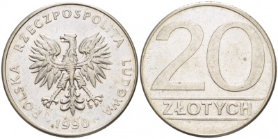 Польша 20 злотых 1990 MW KM 153.2, Parchimowicz 255b медно-никель 77-453