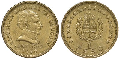 Уругвай 1 песо 1965 KM 46 алюминиевая бронза 106-1215