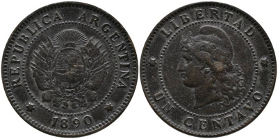 Аргентина 1 сентаво 1890 голова свободы влево KM 7 бронза 4525-1034
