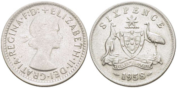 АВСТРАЛИЯ 6 ПЕНСОВ 1958 m, ЕЛИЗАВЕТА II (1953-), ГЕРБ АВСТРАЛИИ, ПРОБА 500 KM 58 серебро 4516-618