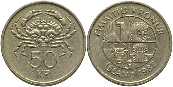 ИСЛАНДИЯ 50 КРОН 1987 КРАБ KM 31 никель латунь 181-645
