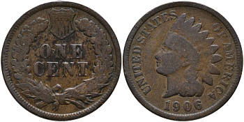 США 1 ЦЕНТ 1906 ИНДЕЕЦ KM 90а бронза 4396-315