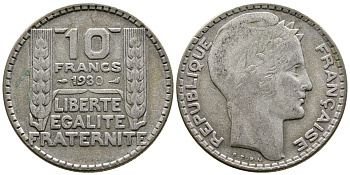Франция 10 франков 1930 Пьер Тюрен KM 878, Le Franc 360.3 серебро 79-641