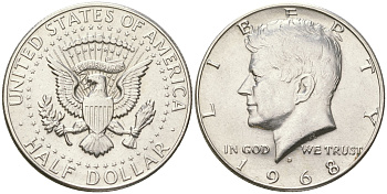 США 1/2 доллара (50 центов) 1968 D, Джон Кеннеди KM 202a серебро UNC 4178-1045