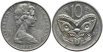 Новая Зеландия 10 центов 1982 Елизавета II (1952-2022), маска маори KM 41.1 медно-никель 4579-952