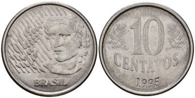 Бразилия 10 сентаво 1995 голова свободы KM 633 нержавеющая сталь 219-823