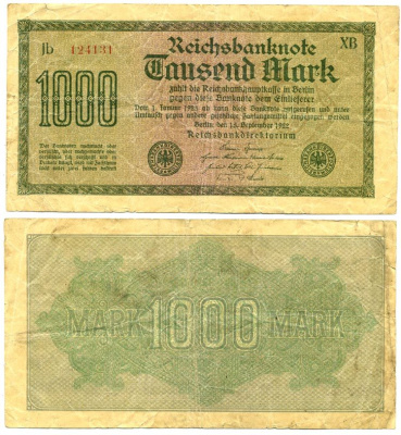 ГЕРМАНИЯ 1000 МАРОК 1922 15 СЕНТЯБРЯ 1922, ВОДЯНОЙ ЗНАК I, ЖЕЛТАЯ БУМАГА, СЕРИЯ XВ Pick 76b, Rosenberg 75d бумага 7548-25-1