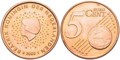 НИДЕРЛАНДЫ 5 ЕВРОЦЕНТОВ 2000 КОРОЛЕВА БЕАТРИКС KM 236 сталь плакированная медью 80-737