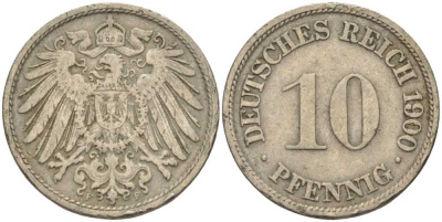 ГЕРМАНИЯ 10 ПФЕННИГОВ 1900 F KM 12, J. 13 медно-никель 4401-1217